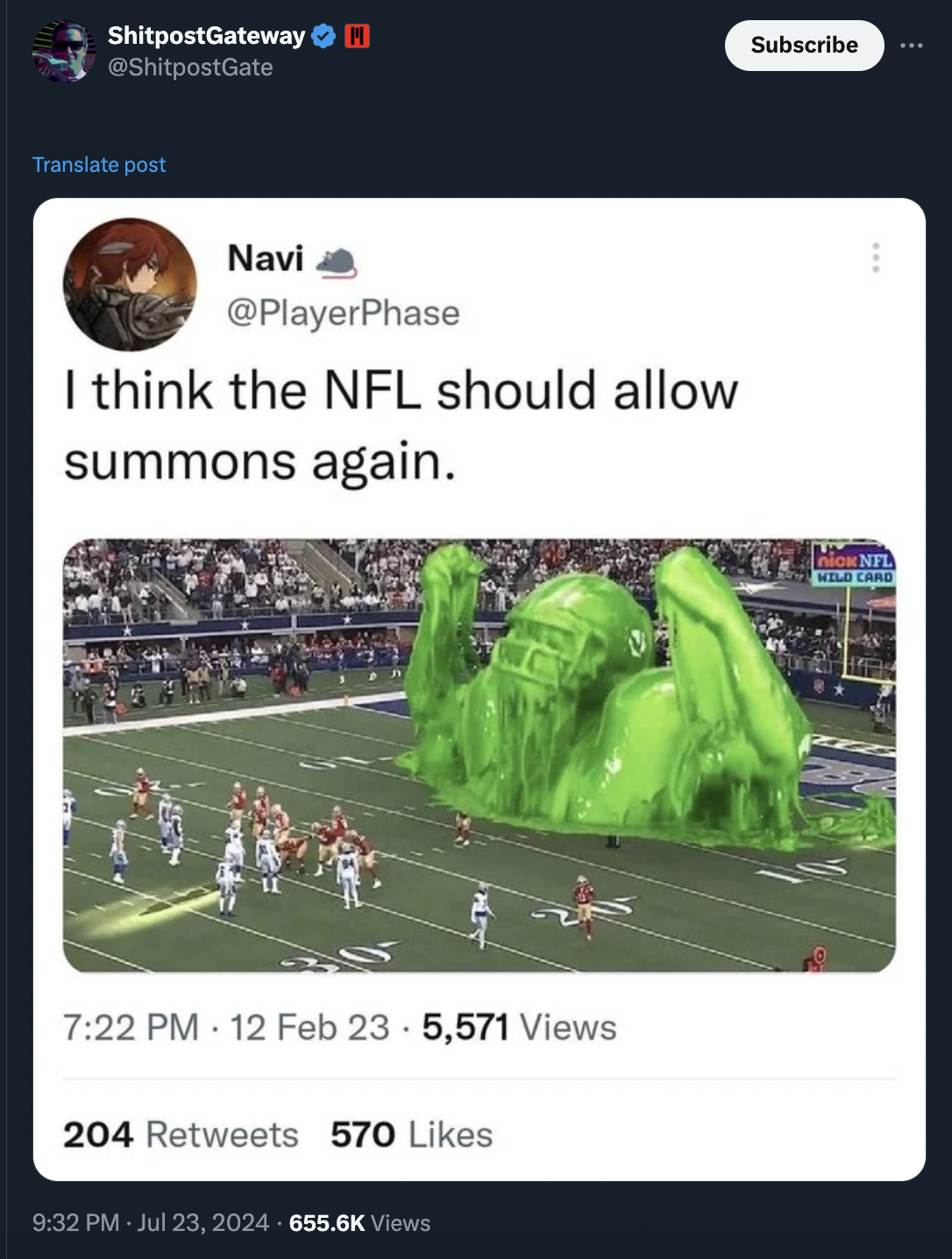 screenshot - ShitpostGateway N Subscribe Translate post Navi I think the Nfl should allow summons again. 12 Feb 23 5,571 Views 204 570 Views